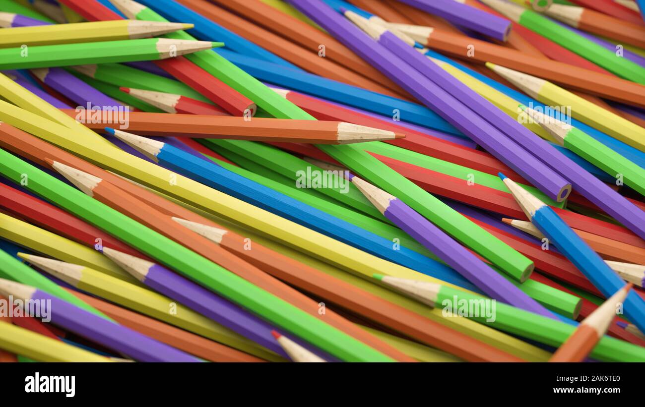 Random colorful pencils - Red, Purple, Green, Yellow, Orange, Blue Stock Photo