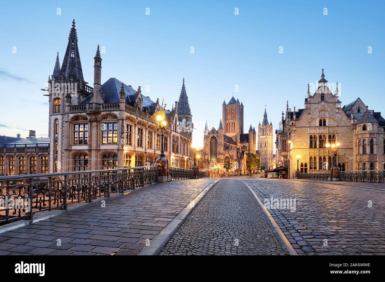 Belgium historic city Ghent at sunset Stock Photo