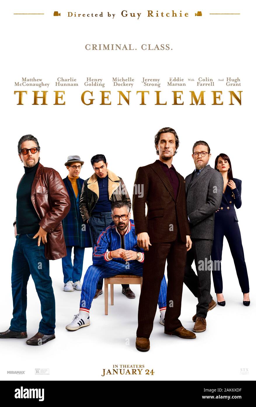 The Gentlemen (2019) directed by Guy Ritchie and starring Matthew McConaughey, Charlie Hunnam, Michelle Dockery and Jeremy Strong. British comedy gangster movie about an American drug lord trying to sell his London based business. Stock Photo