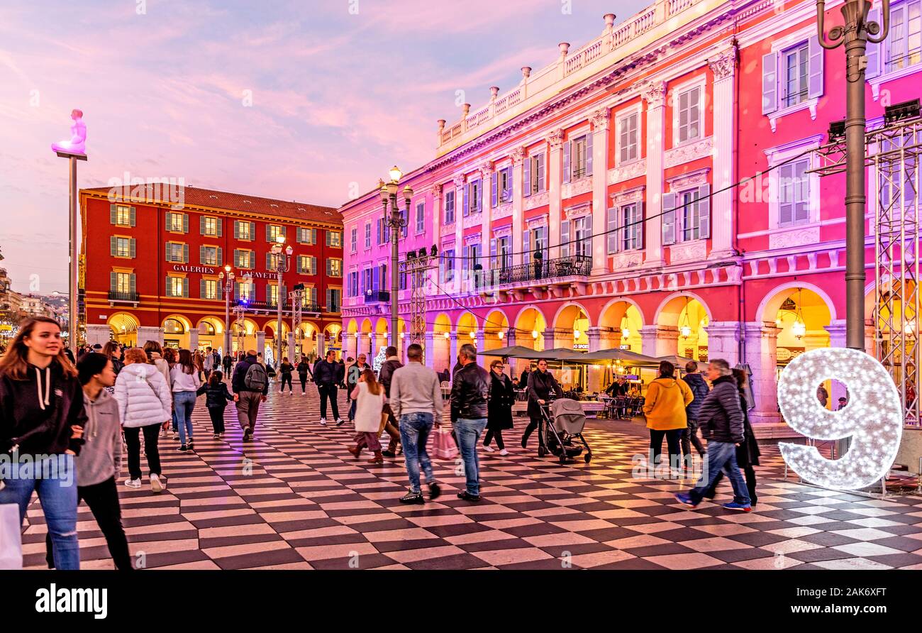 Place Massena Square in Nice at Night France Stock Photo