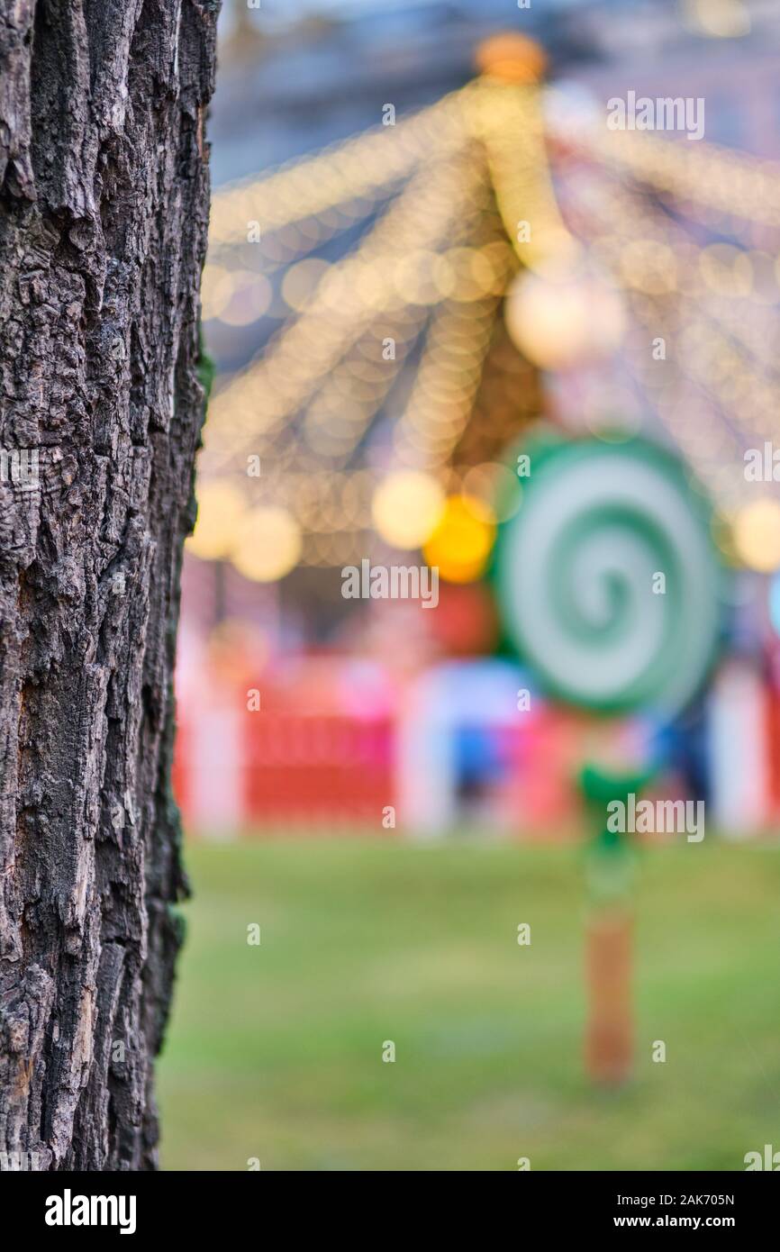 Focus on a tree with a blurred background of a Christmas tree and a garland. Vertical. Copy space. Stock Photo