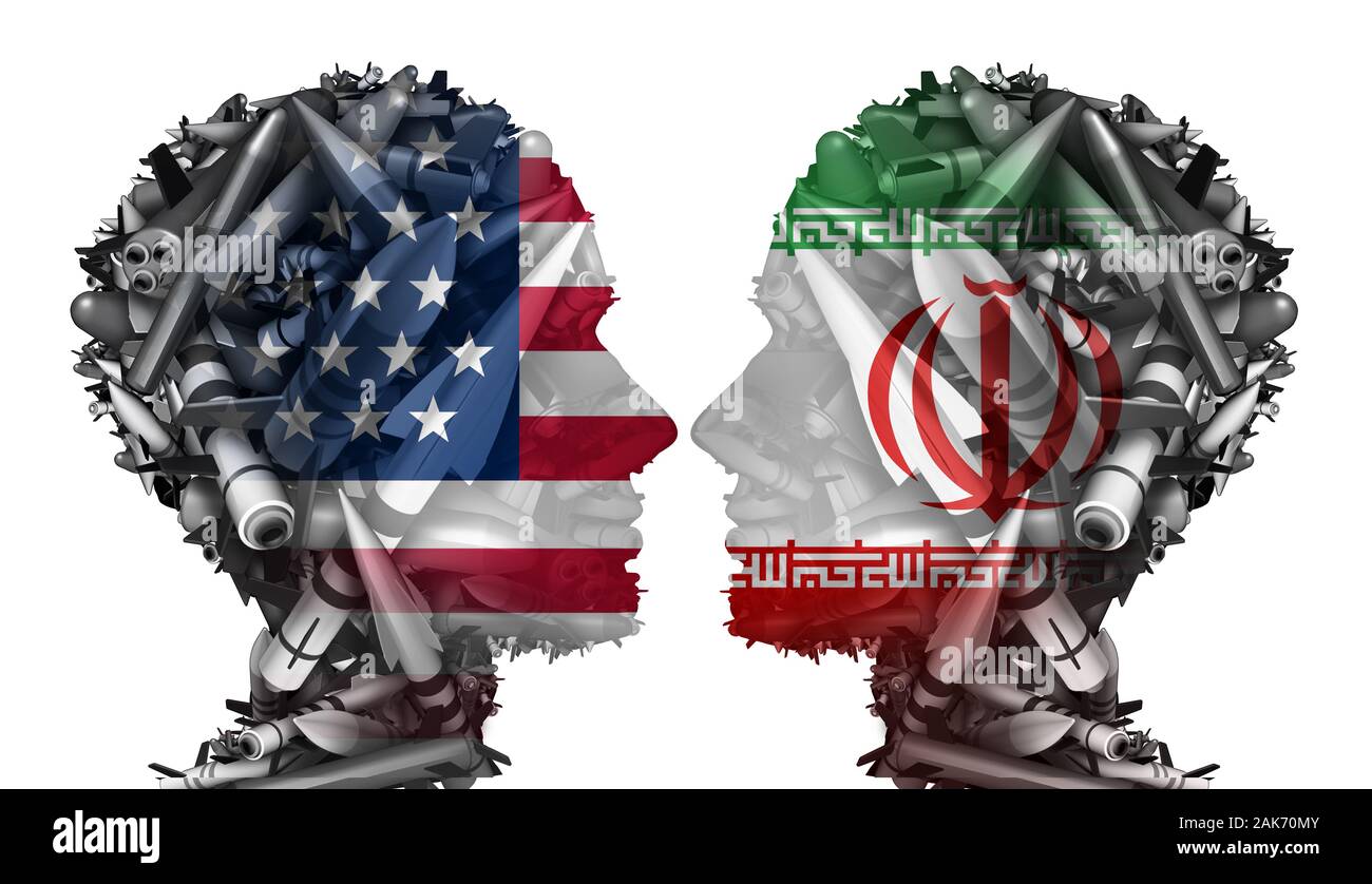Iran US war crisis missile conflict and United States middle east crisis concept as an American and Iranian security problem due to sanctions. Stock Photo