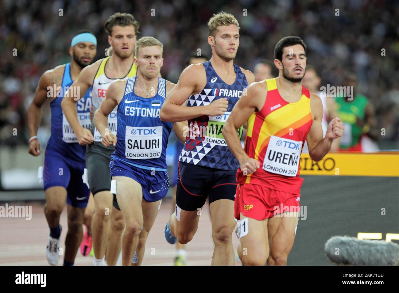 Jorge Ureña (Spain) , Kevin Mayerl (French ) and Karl-Robert Saluri  (Estonie) during the 1500 m Decathlon men of the IAAF World Athletics  Championships on August 6, 201 at the Olympic stadium