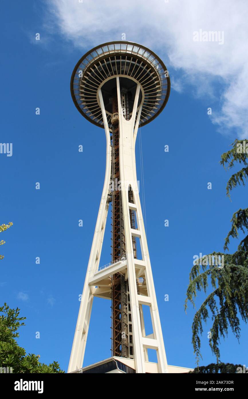 Looking up at the historical landmark, the Seattle Space Needle, fron the ground in Washington, USA Stock Photo