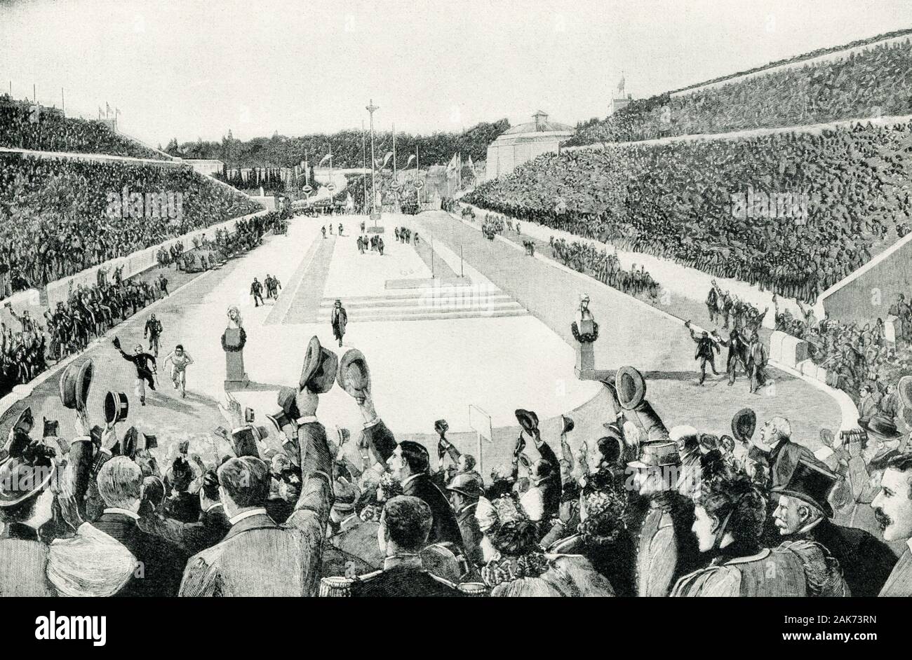 This illustration dates to the early 1900s and shows an American victory at the revival of the Olympic Games in 1896 in Greece. The track-and-field program in Athens was dominated by athletes from the USA, who would go on to win nine of the 12 events. And on April 6, 1896, American James Connolly earned the distinction of becoming the very first Olympic champion of the modern era, as he clinched the triple jump title. Charles Pierre de Frédy, Baron de Coubertin (died 1937),  also known as Pierre de Coubertin and Baron de Coubertin was a French educator and historian. He was also the founder of Stock Photo