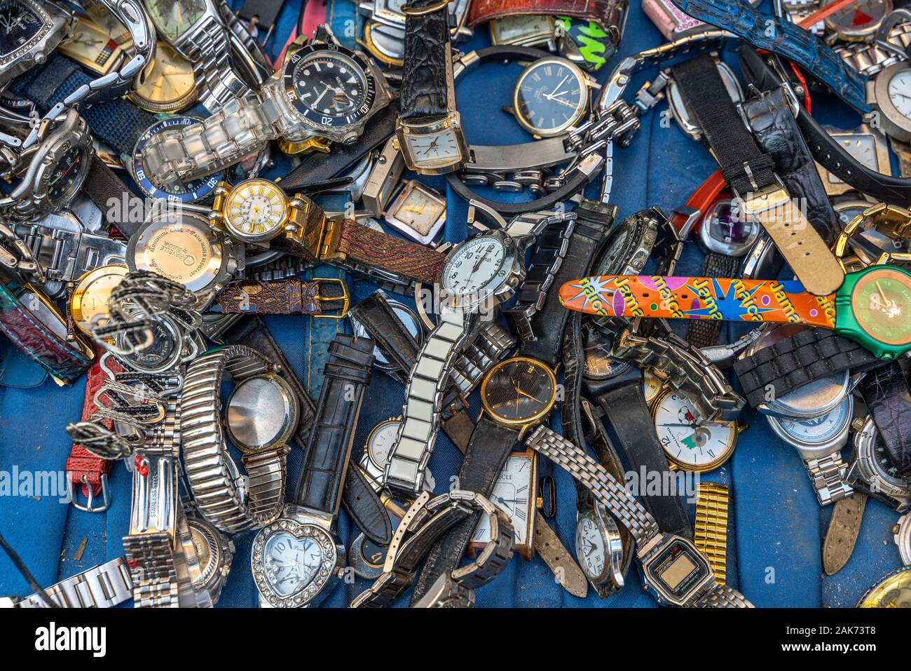 Second hand watches for sale at flea market Stock Photo
