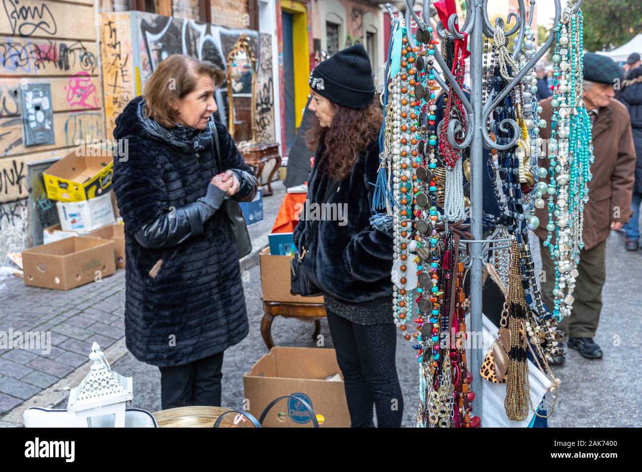 two women talking in the flea market Stock Photo
