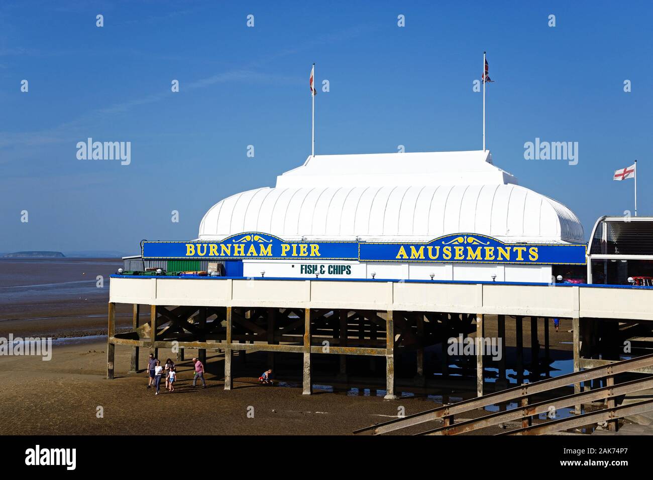 View of the Amusement Pier on the Beach, Burnham-on-Sea, England, UK. Stock Photo