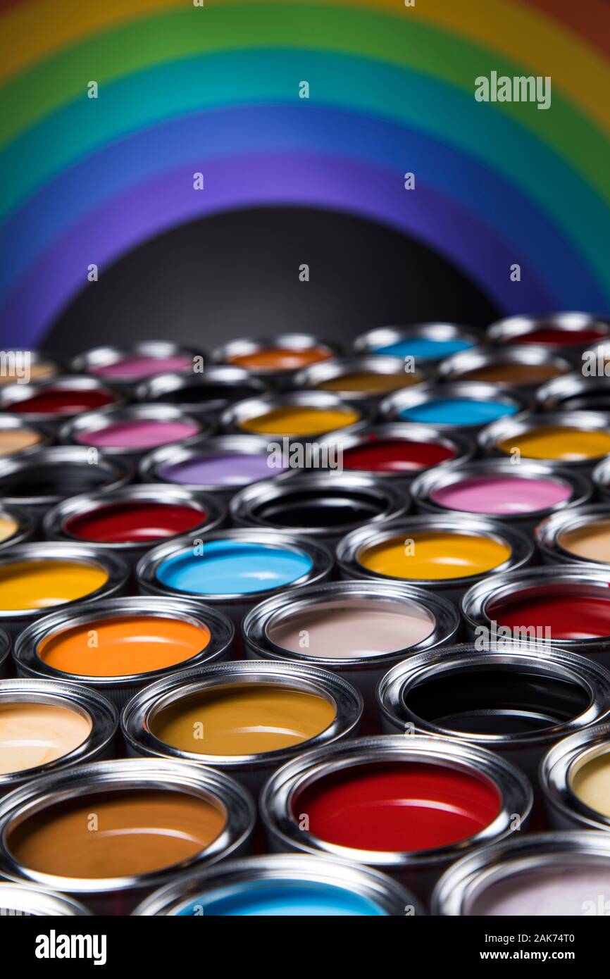 reativity concept group of tin metal cans with color paint Stock Photo ...