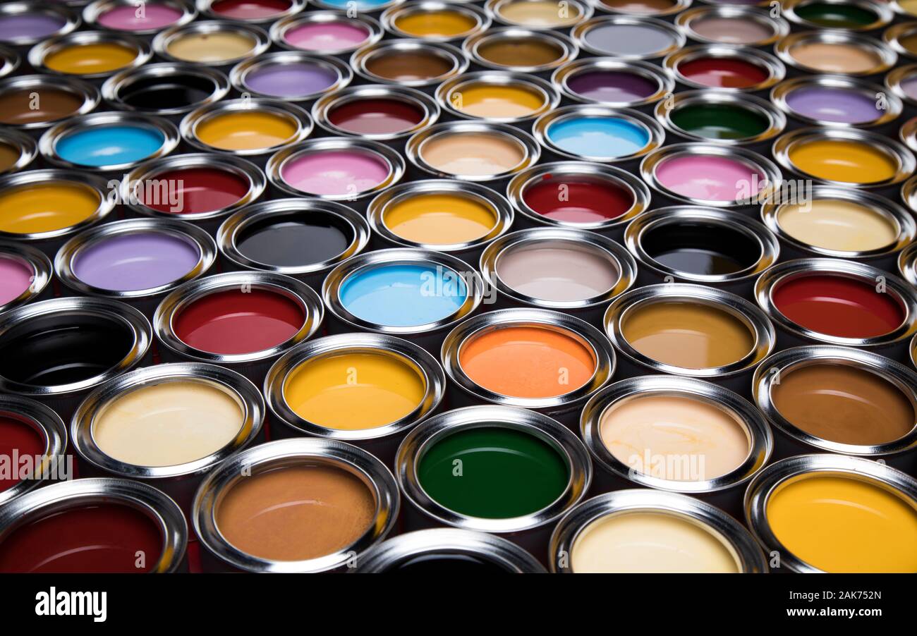 reativity concept group of tin metal cans with color paint Stock Photo ...