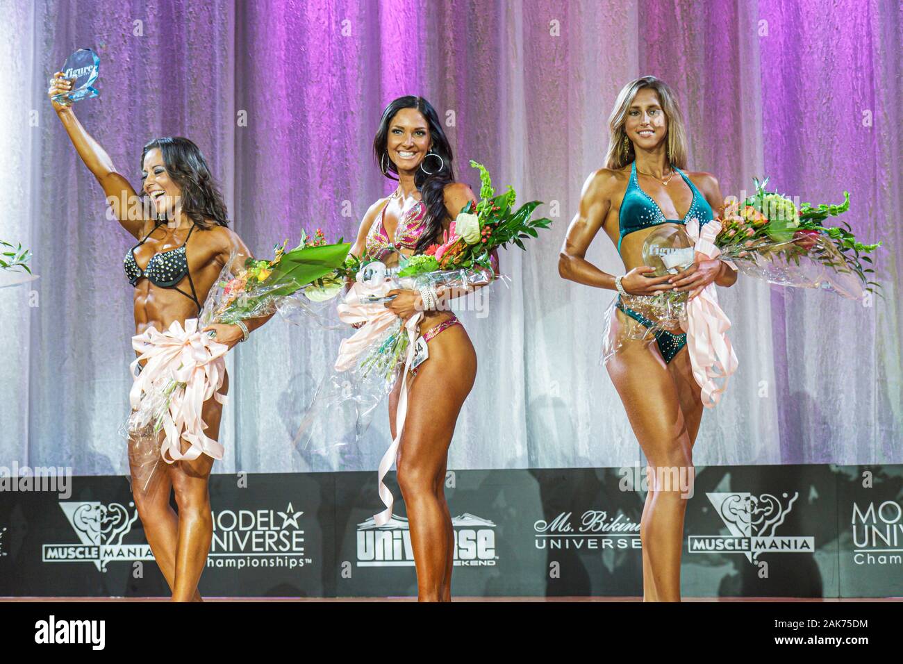 Miami Florida,Hyatt Regency Miami,hotel,Musclemania Universe & Expo,Fitness Pageant,swimsuit competition,stage,woman female women,bodybuilders,posing, Stock Photo
