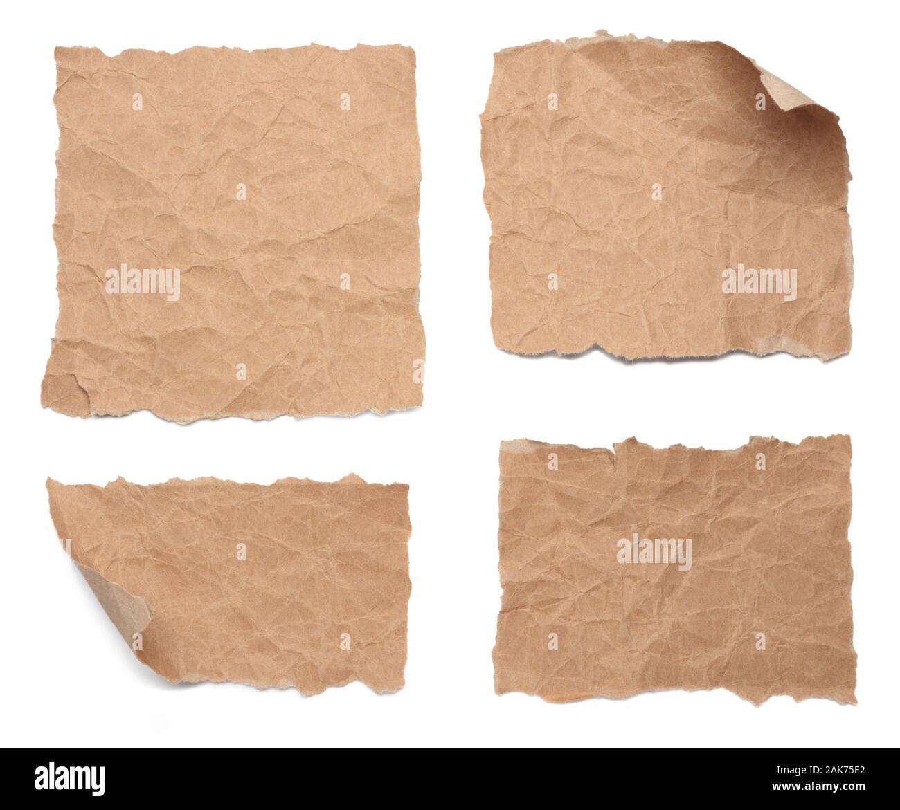 Collection of old brown grunge creased paper sheets isolated on white background Stock Photo