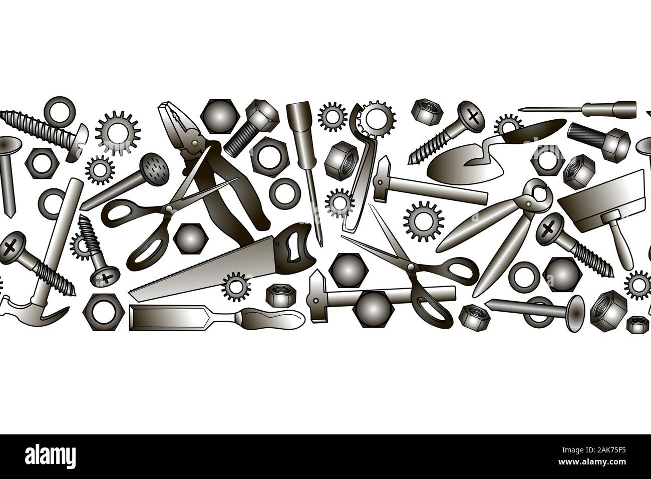 Construction tools vector icons seamless border. Hand equipment background. Stock Vector