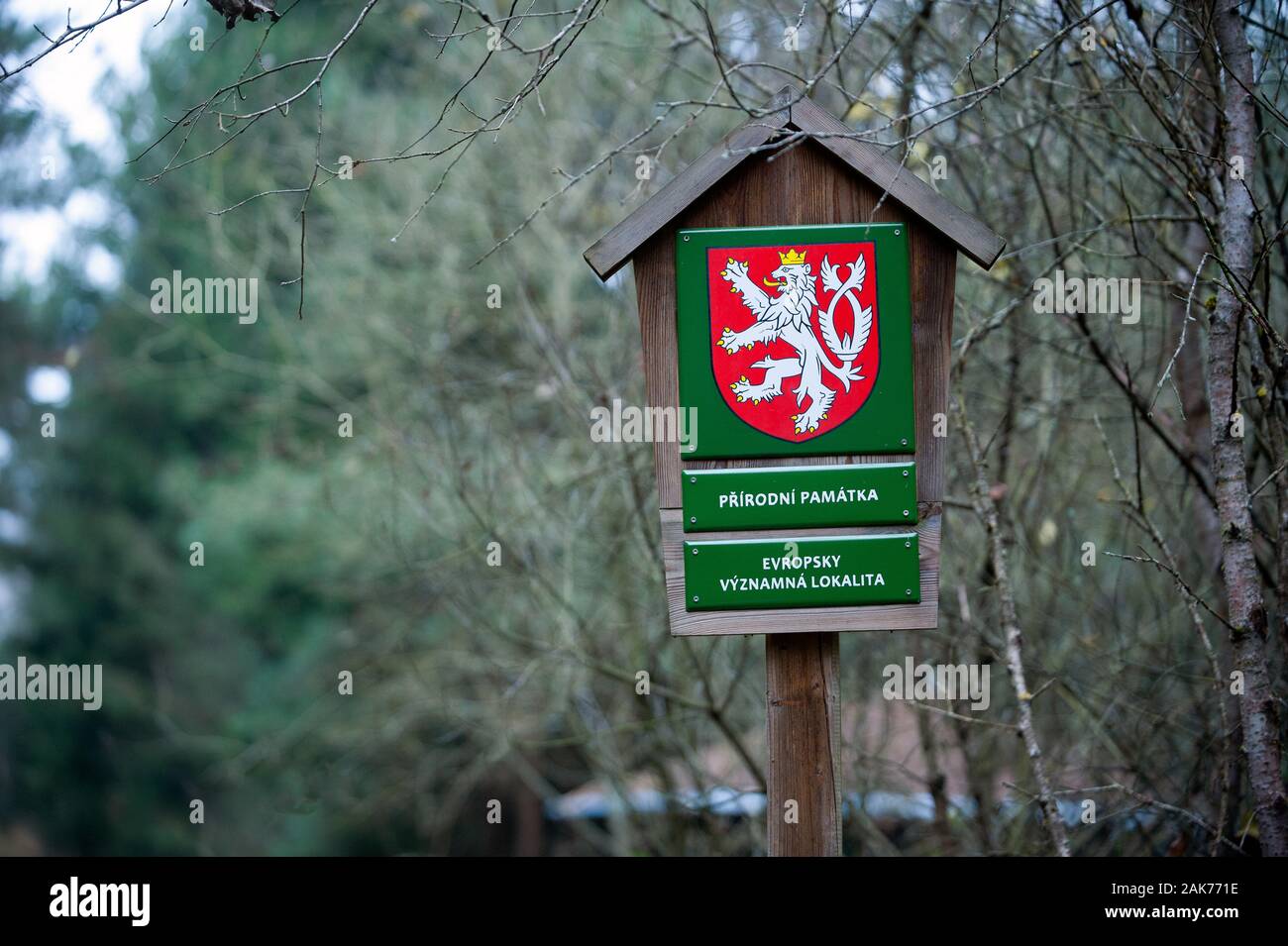 Czech Republic, November 2019. Sign with text in Czech language: Prirodni pamatka and Evropsky vyznamna lokalita, in English: Natural monument and Sit Stock Photo