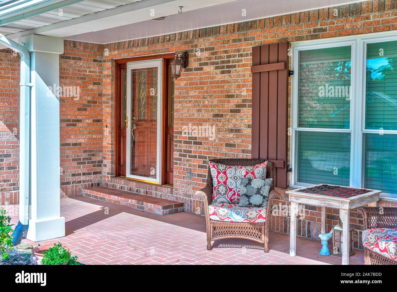 Horizontal shot of the front porch of a single-family home. Stock Photo