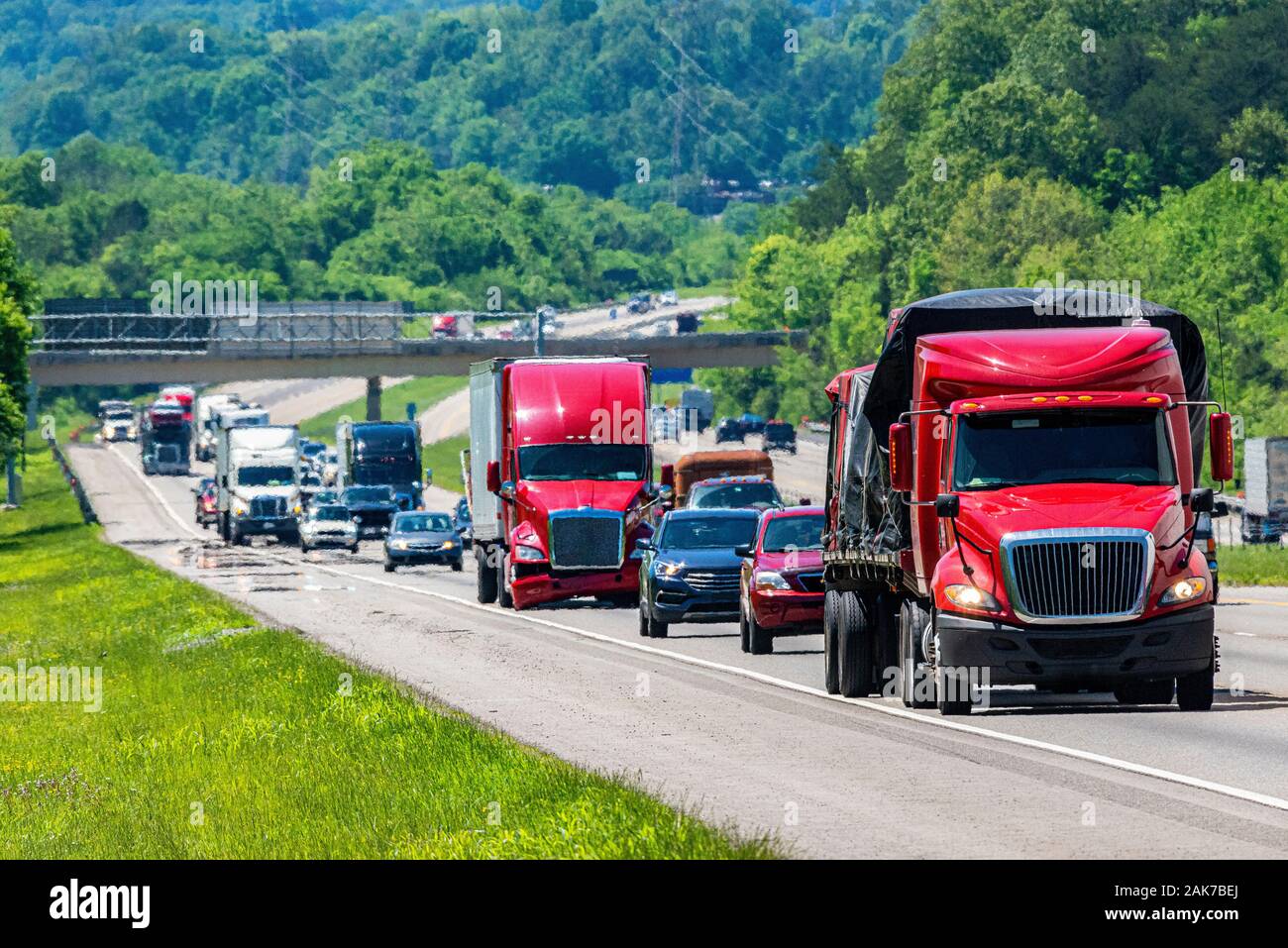 Horizontal shot of heavy summer interstate highway traffic. Stock Photo