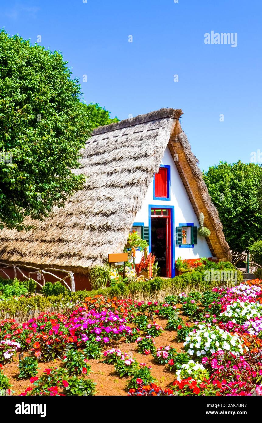 Beautiful traditional house in Santana, Madeira, Portugal. Wooden, triangular houses represent a part of Portuguese heritage. Front garden with beautiful colorful flowers. Tourist attraction. Stock Photo