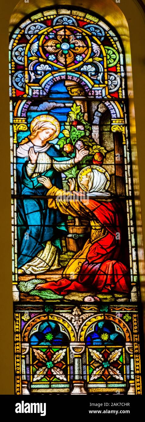 Virgin Mary Meets Elizabeth Mother John the Baptist Stained Glass Saint Mary's Catholic Church San Antonio Texas. Built in 1857 Stock Photo