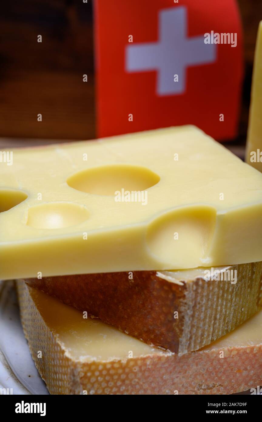 Cheese collection, swiss emmentaler, Gruyere, appenzeller cheeses and