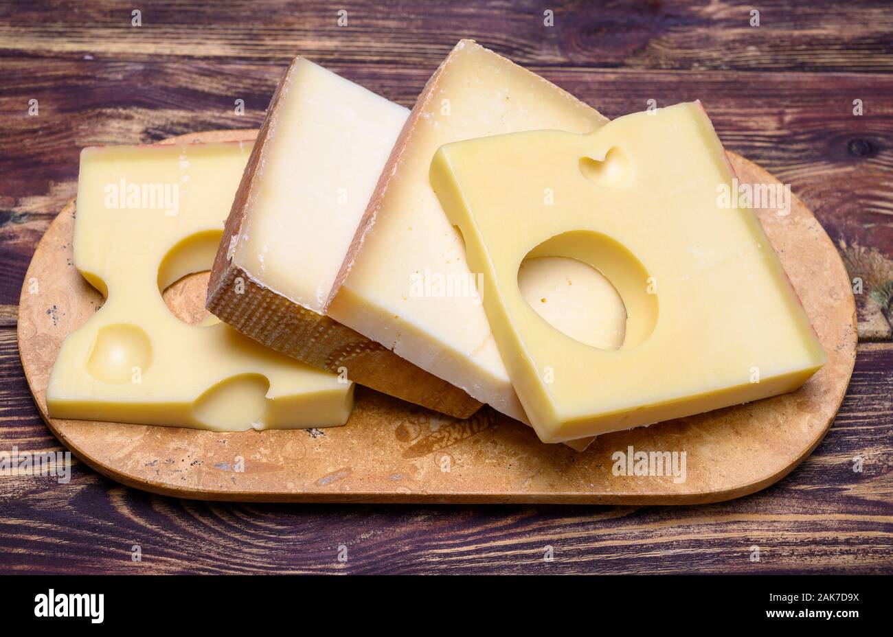 Cheese collection, swiss emmentaler, Gruyere, appenzeller cheeses Stock