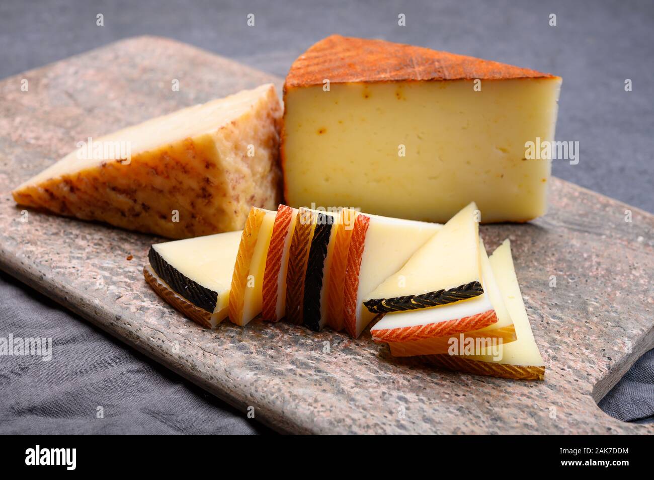 Cheese collection, variety of Spanish hard manchego cheese made from cow and goat milk Stock