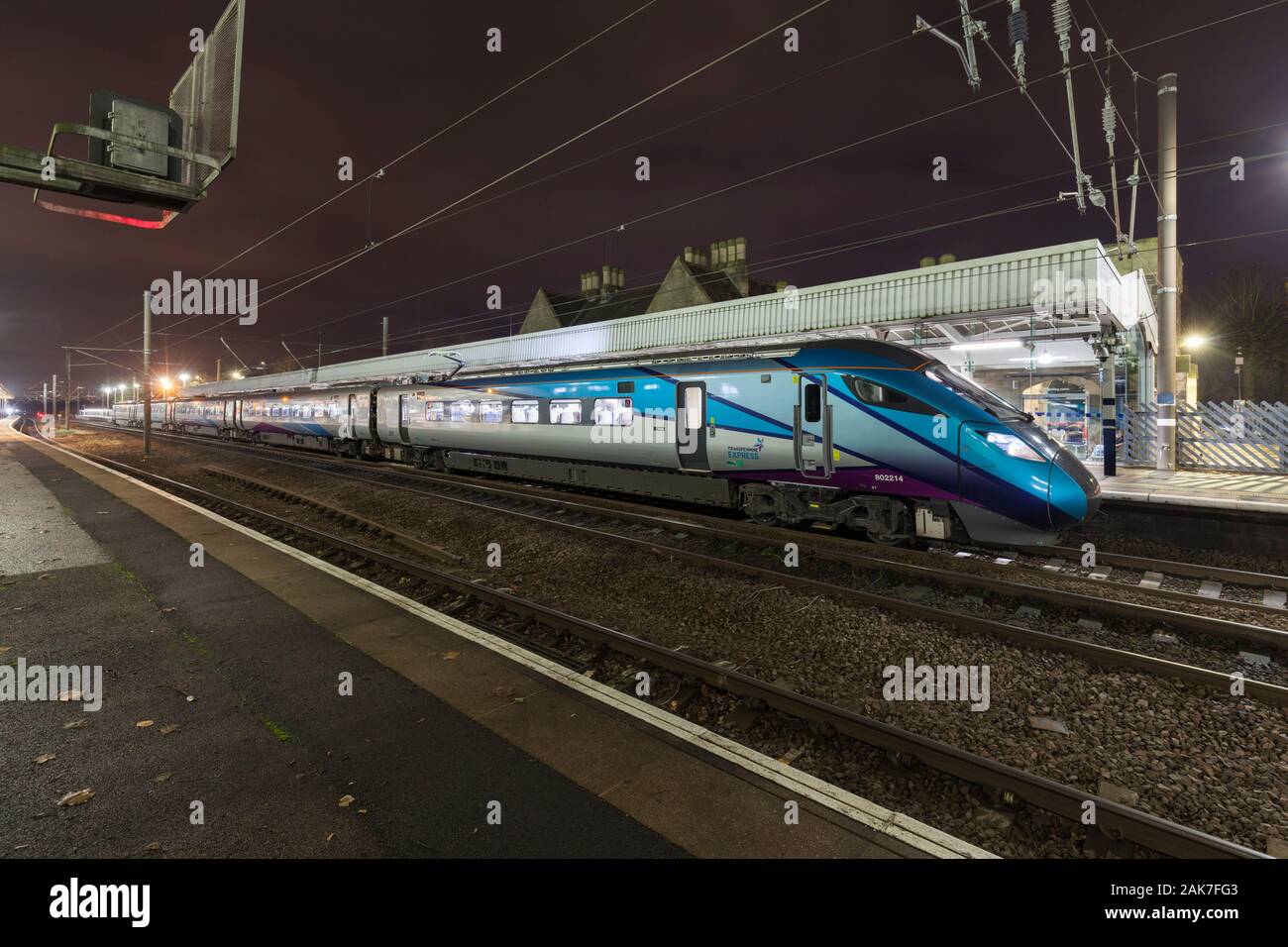 First Transpennine Express Hitachi class 802 calling at  Durham on the east coast mainline with a Newcastle to Liverpool Lime Street train Stock Photo