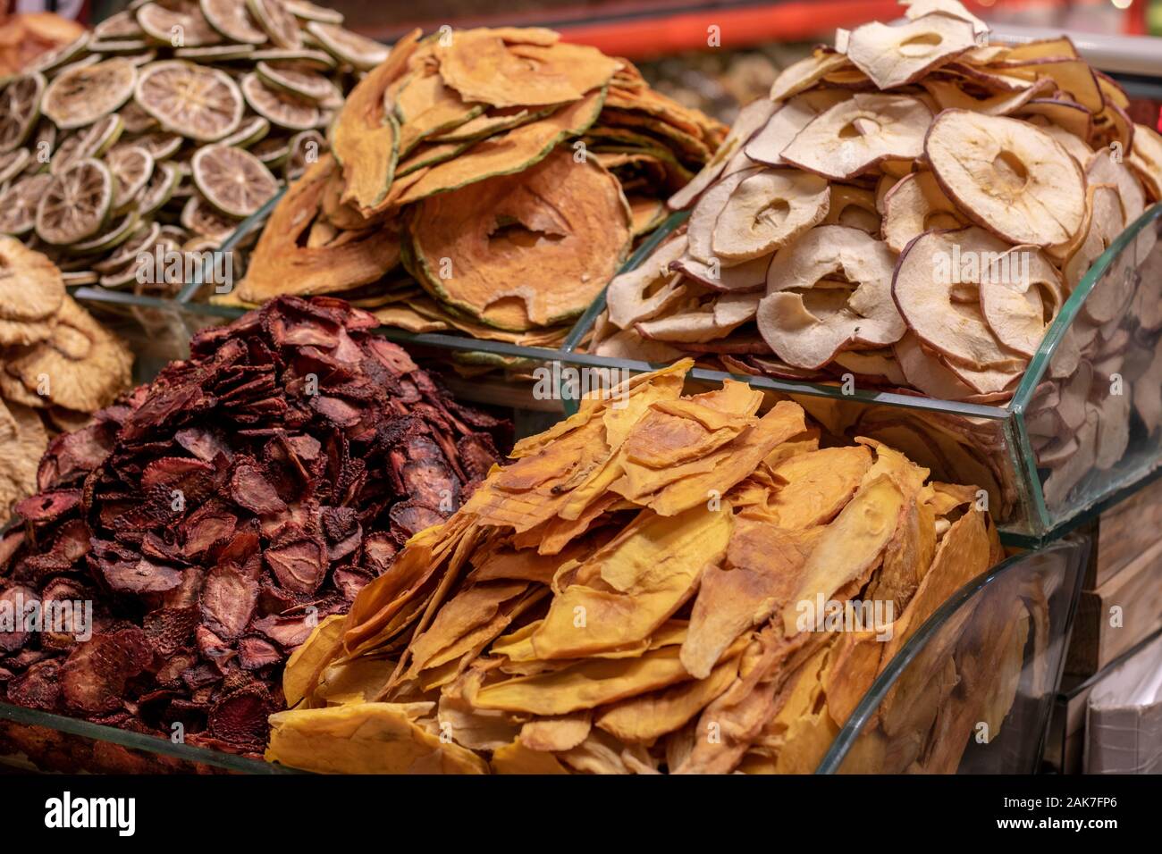 Dried fruits closeup. Counter in front of store. Photo was taken in