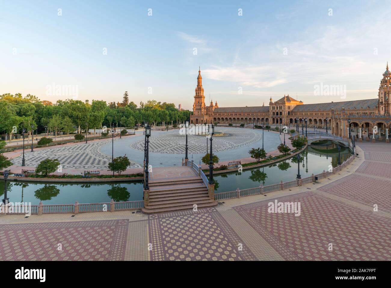 Landscape in the Plaza de Espana, Beautiful Spain Square in Seville at dusk Stock Photo
