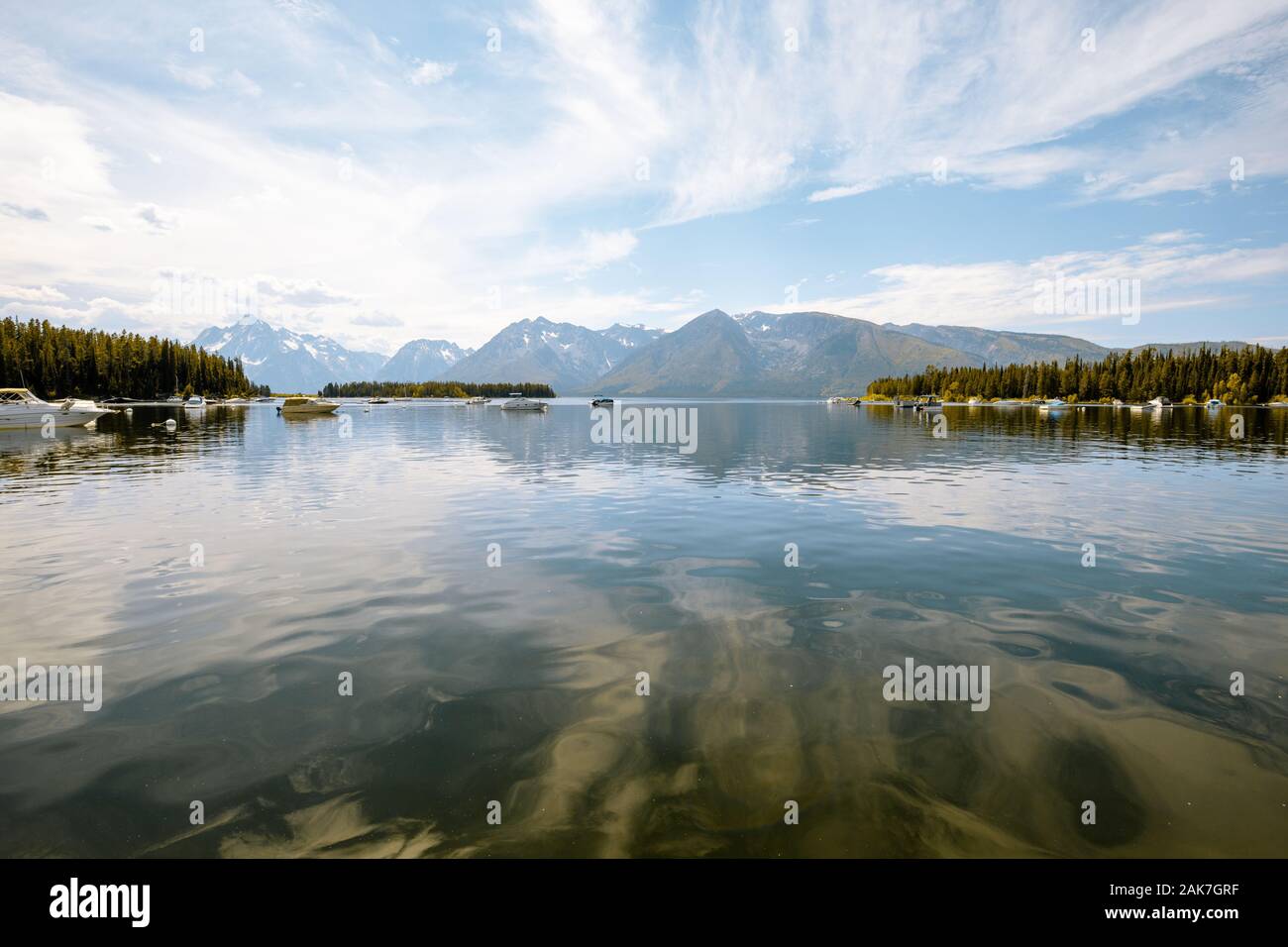 Jackson Lake in the Colter Bay Area with boats in Grand Teton Nation Park, Wyoming, USA Stock Photo
