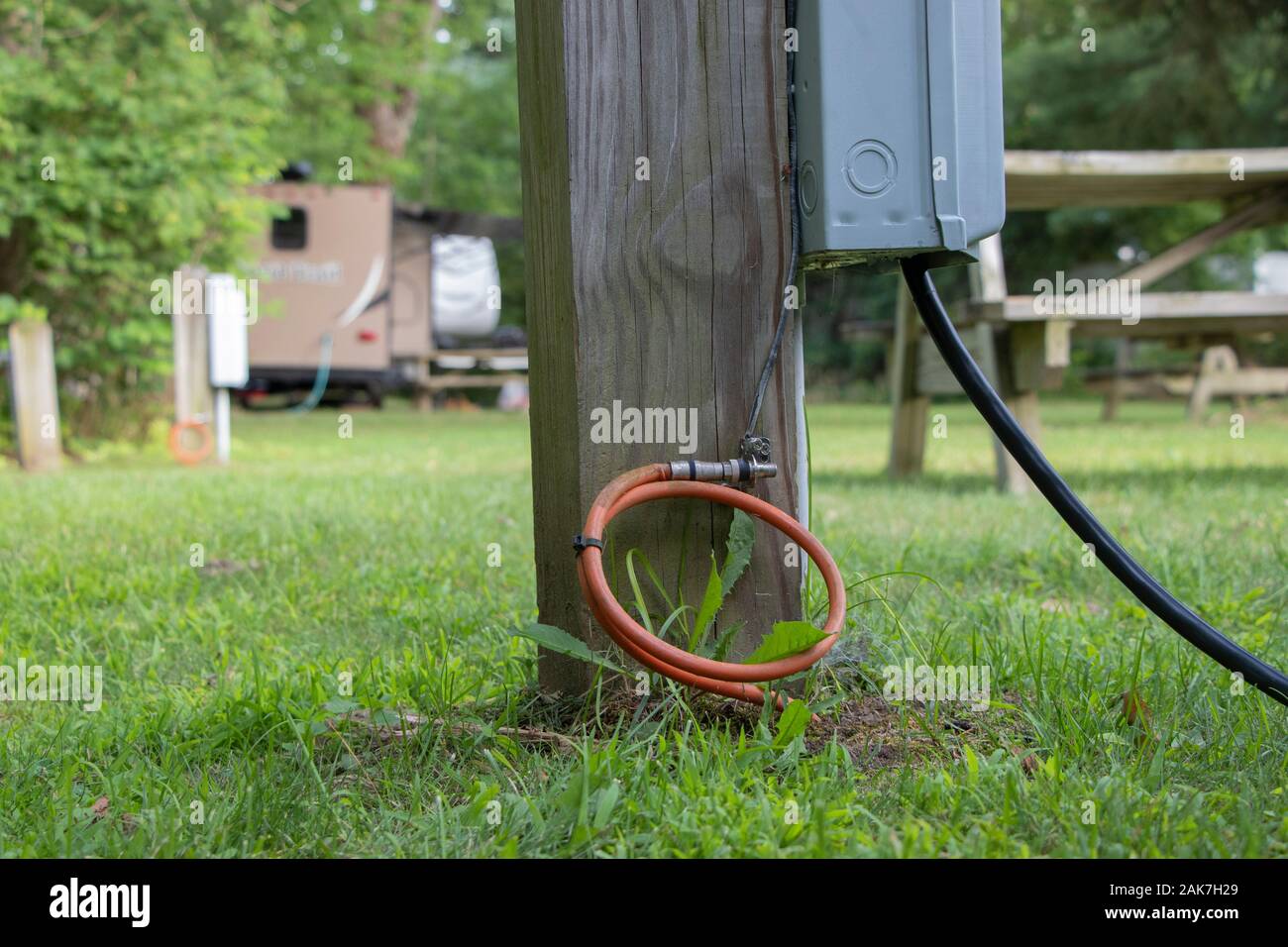 RV Cable TV Hookup on a campsite, close up, camping RV site Stock Photo