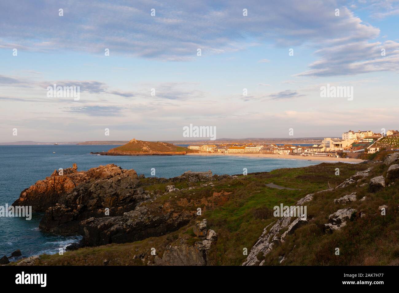 Coastal landscape around Porthmeor Beach at St Ives in Cornwall at sunset Stock Photo