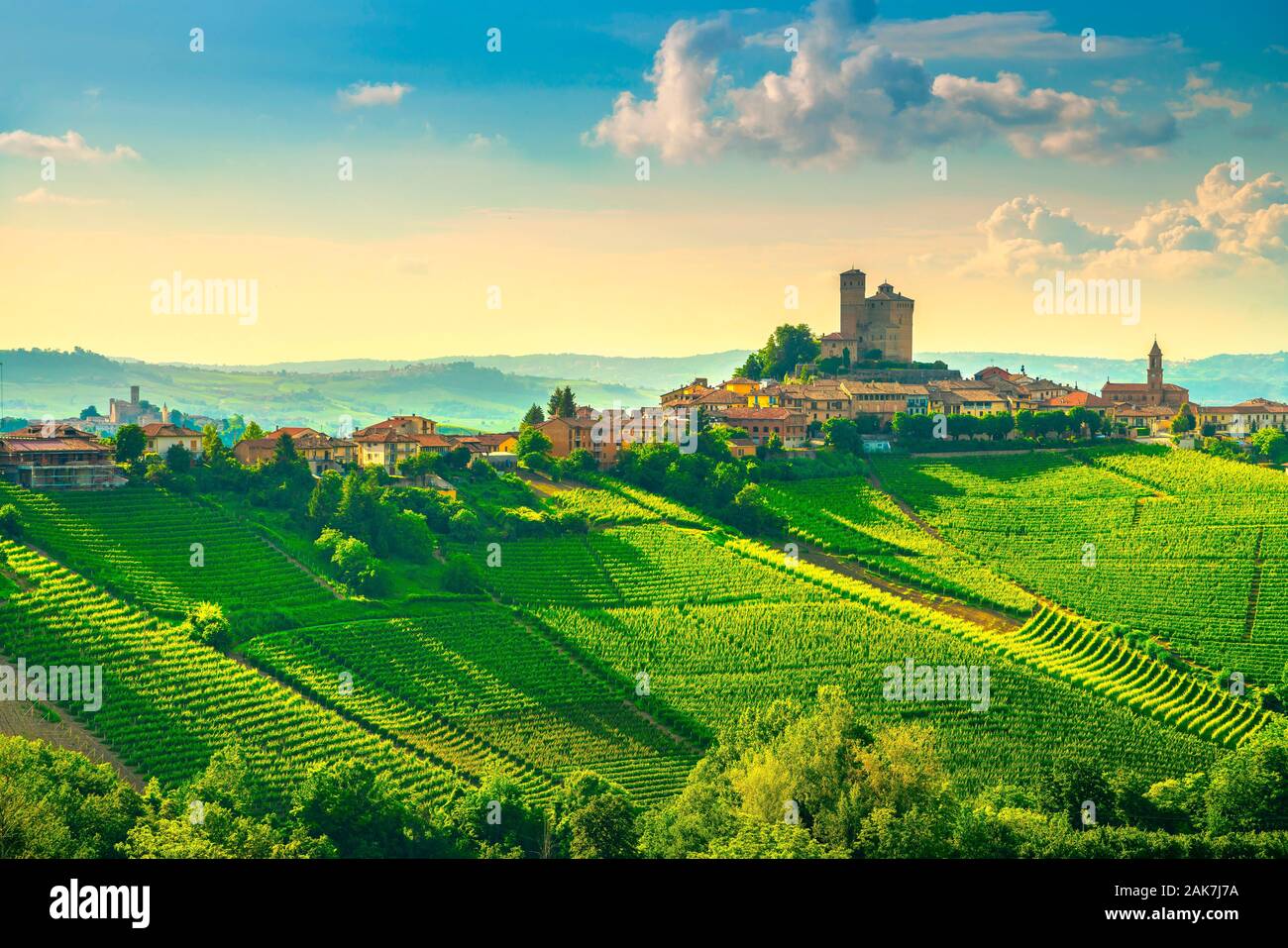 Langhe vineyards sunset panorama, Serralunga d Alba, Unesco Site, Piedmont, Northern Italy Europe. Stock Photo