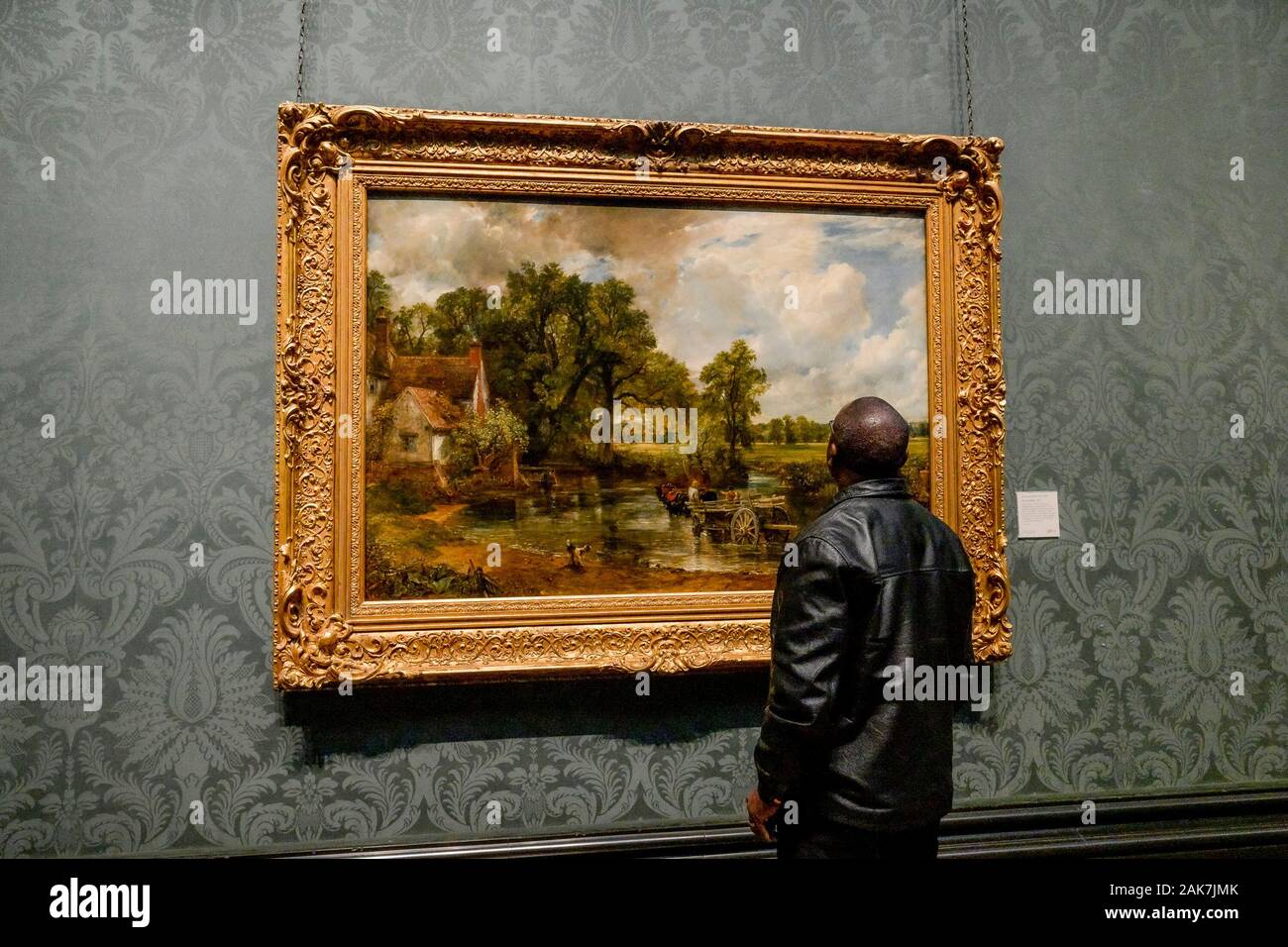 Man looking at painting by John Constable, The Hay Wain, National Gallery, London, England, UK Stock Photo