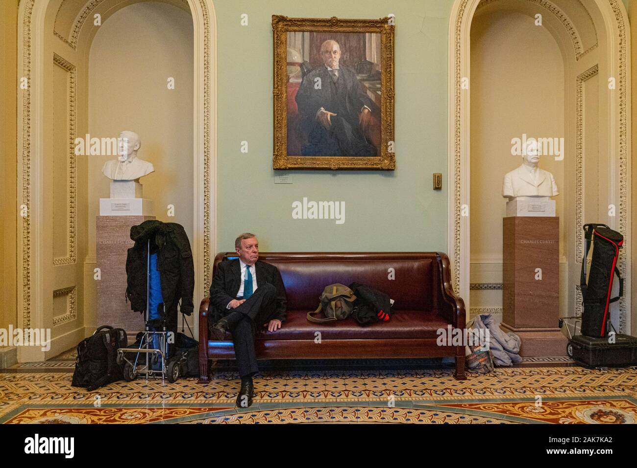 Senate Minority Whip Richard Durbin (D-IL) sits on a couch during the Democrat's news conference on Capitol Hill in Washington, DC on Tuesday, January 7, 2020. Photo by Ken Cedeno/UPI Credit: UPI/Alamy Live News Stock Photo