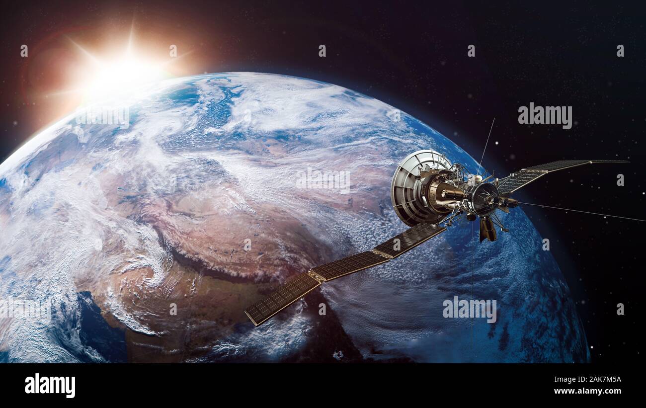 Earth view and a satellite that appears next to it. 3D Rendering. Stock Photo