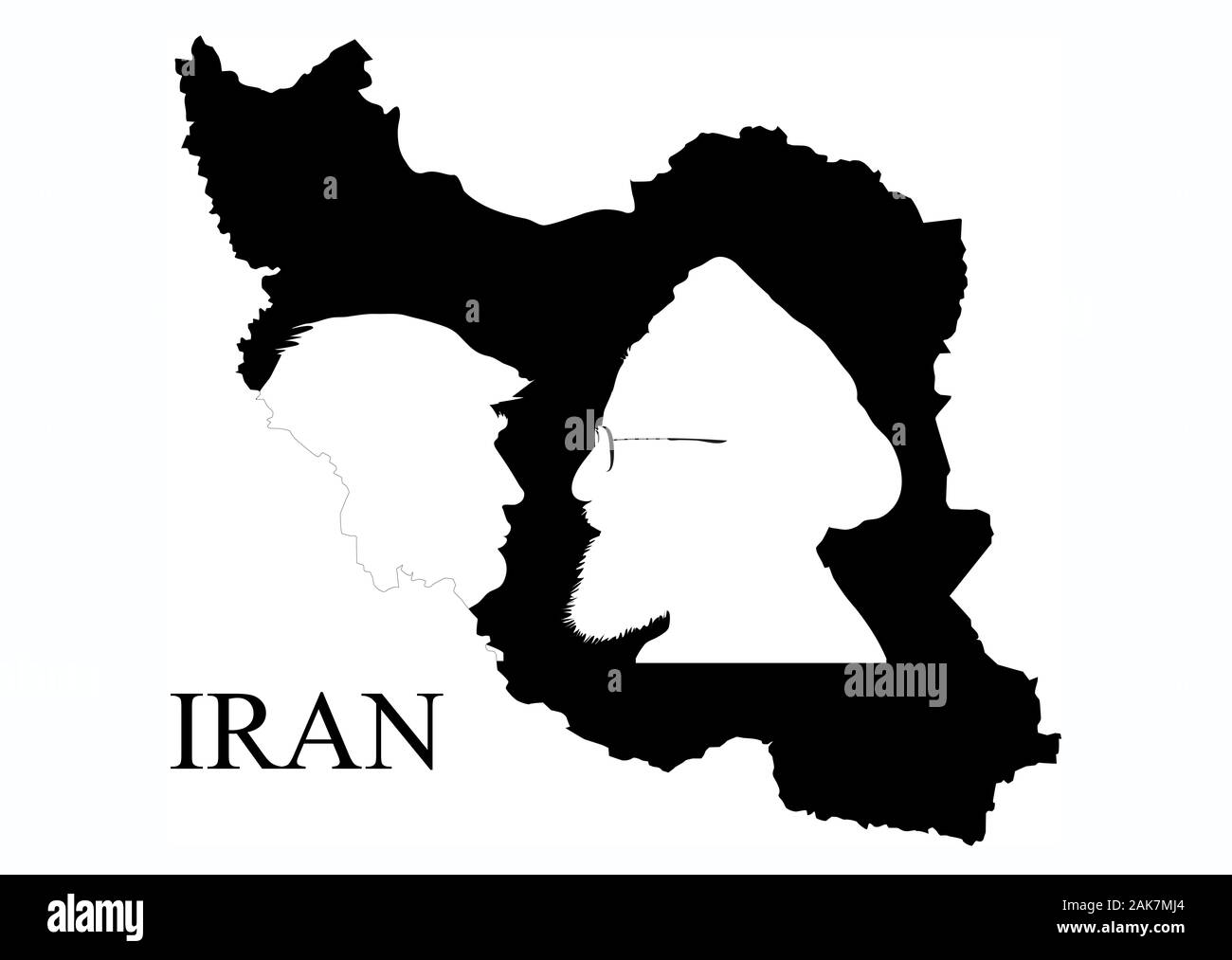 Donald Trump vs. Hassan Rouhani. Silhouette of leaders of the United States and Iran, placed on the shape of Iran territory. Conceptual illustration. Stock Photo