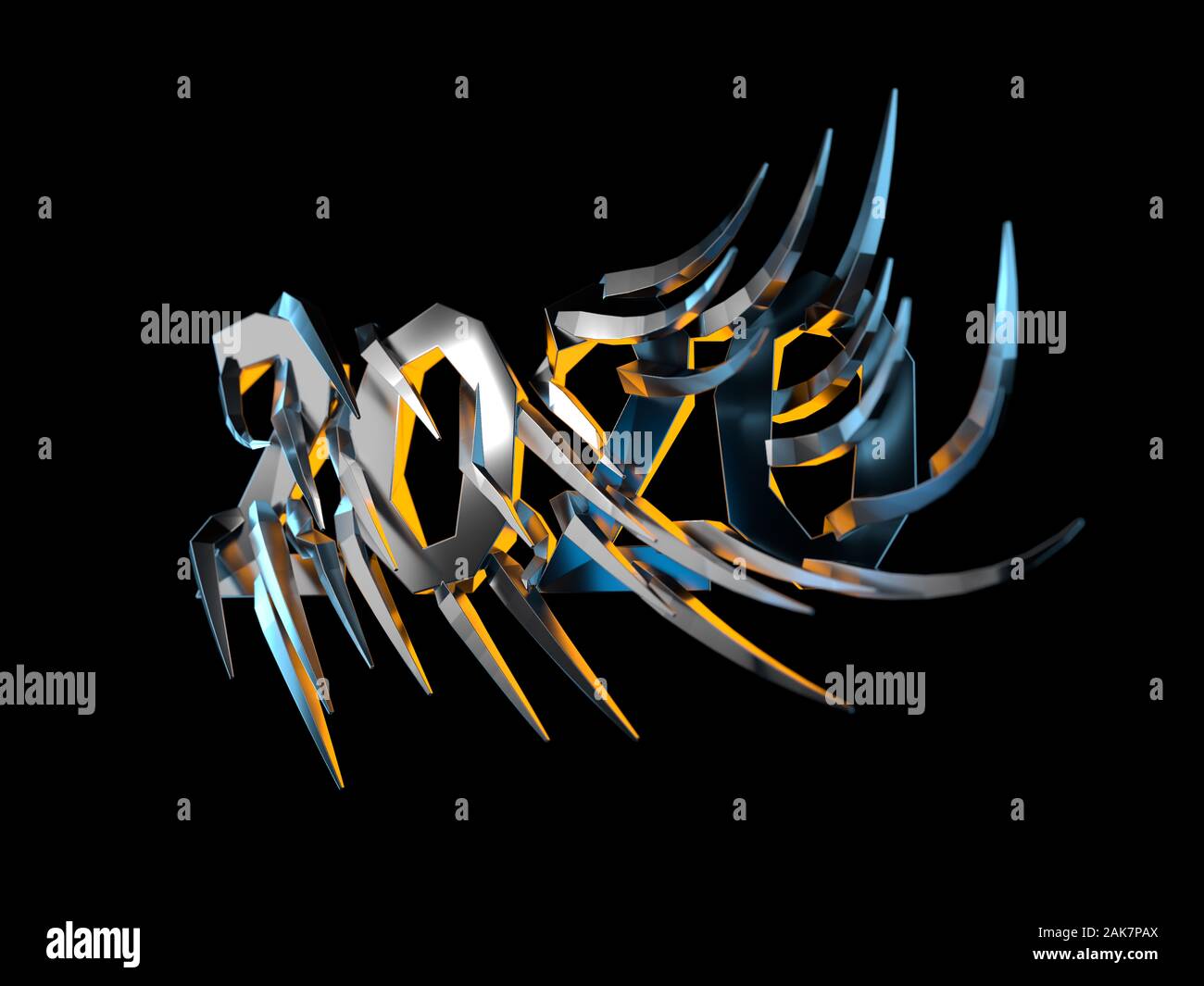 Happiness for the New Year 2020 lettering made by metal cast and lit by blue and orange light. The surface is covered with sharp spikes Isolated on bl Stock Photo