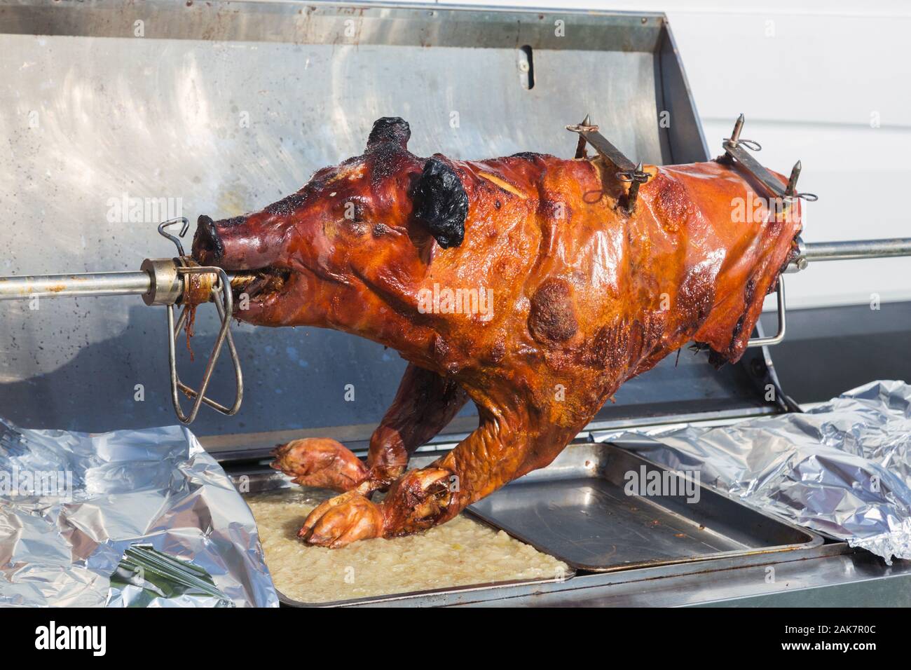 whole pig cooked on spit roast barbecue rotisserie Stock Photo