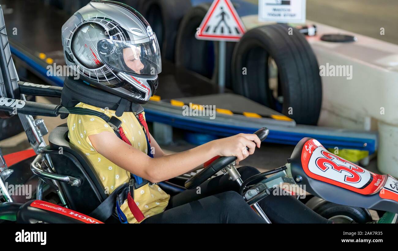 Mackay, Queensland, Australia January 2020 A young girl drives a go