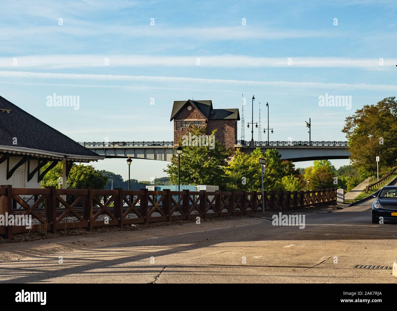 The Colonel Patrick O'Rorke Memorial Bridge, a Bascule bridge , in the small town of Charlotte, New York outside of Rochester on Lake Ontario Stock Photo