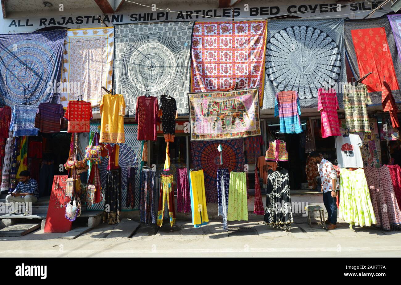 A shop selling Rajasthani Shilpi and bed covers in Udaipur, India Stock