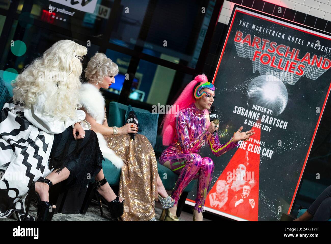 New York, NY, USA. 7 January, 2020. Lola Von Rox, Marcy Richardson, Susanne Bartsch at the BUILD Speaker Series: Discussing "Bartschland Follies" cabaret show at the Mckittrick Hotel at BUILD Studio. Credit: Steve Mack/Alamy Live News Stock Photo