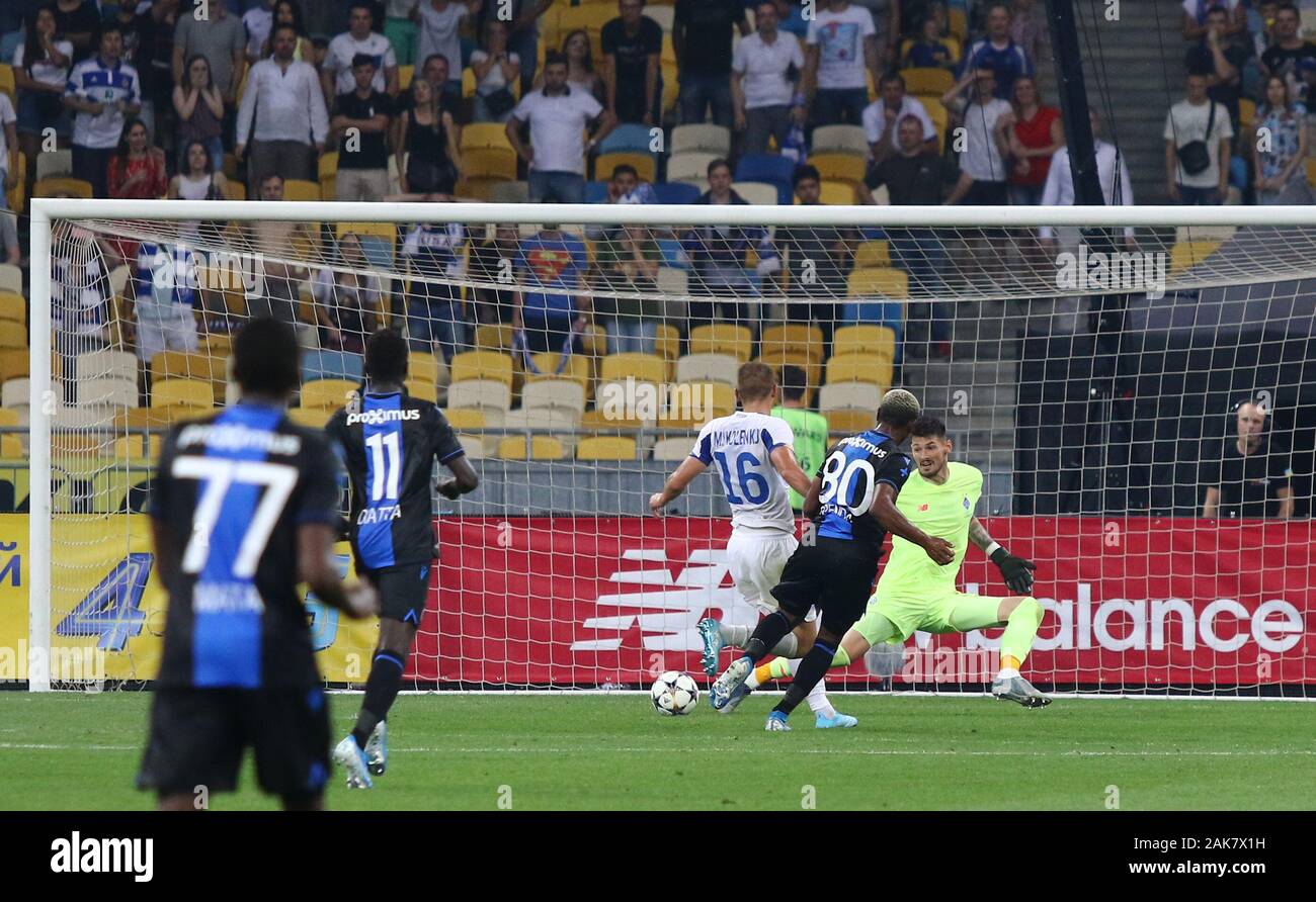 KYIV, UKRAINE - August 13, 2019: Lois Openda of Club Brugge (#80) scores a goal during the UEFA Champions League 3rd qualifying round game against FC Dynamo Kyiv at Olympic stadium in Kyiv Stock Photo