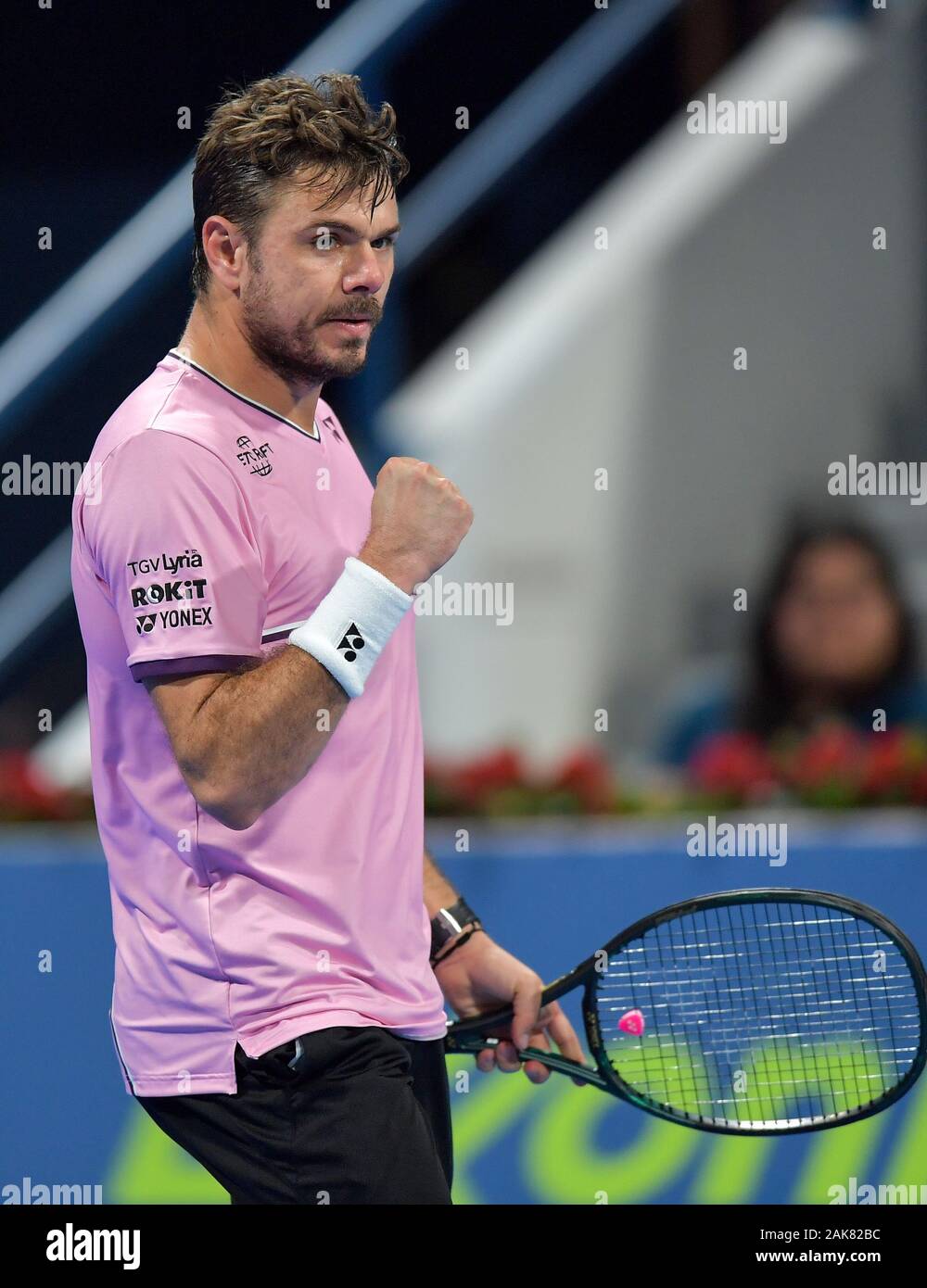 Doha, Qatar. 7th Jan, 2020. Stan Wawrinka of Switzerland celebrates after  the second round match against Jeremy Chardy of France at the ATP Qatar  Open tennis tournament at the Khalifa International Tennis