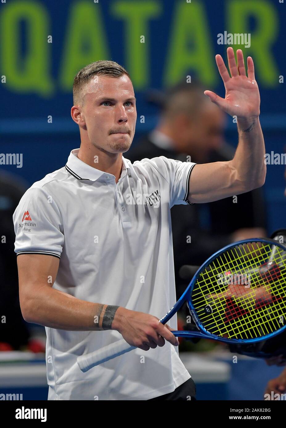 Doha, Qatar. 7th Jan, 2020. Marton Fucsovics of Hungary celebrates his  victory after the first round match against Frances Tiafoe of the United  States at the ATP Qatar Open tennis tournament at