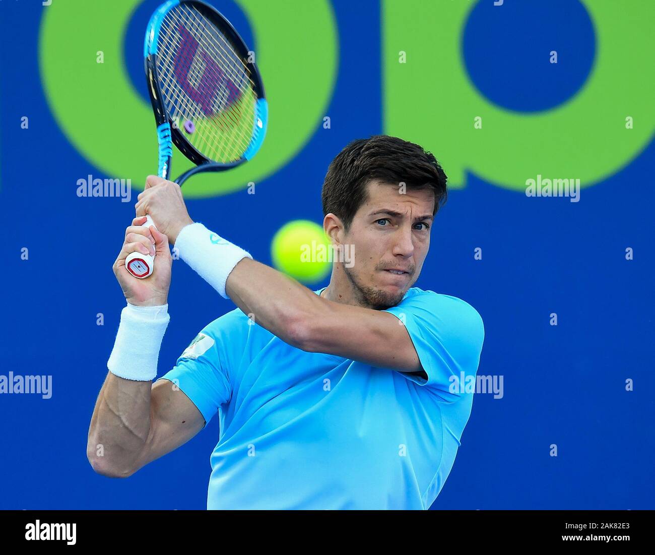 Doha, Qatar. 7th Jan, 2020. Aljaz Bedene of Slovenia returns the ball  during the second round match against Alexander Bublik of Kazakhstan at the ATP  Qatar Open tennis tournament at the Khalifa