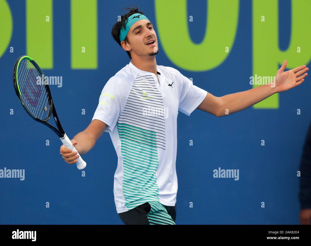 Doha, Qatar. 7th Jan, 2020. Lorenzo Sonego of Italy reacts during the first  round match against Laslo Djere of Serbia at ATP Qatar Open tennis  tournament at the Khalifa International Tennis Complex