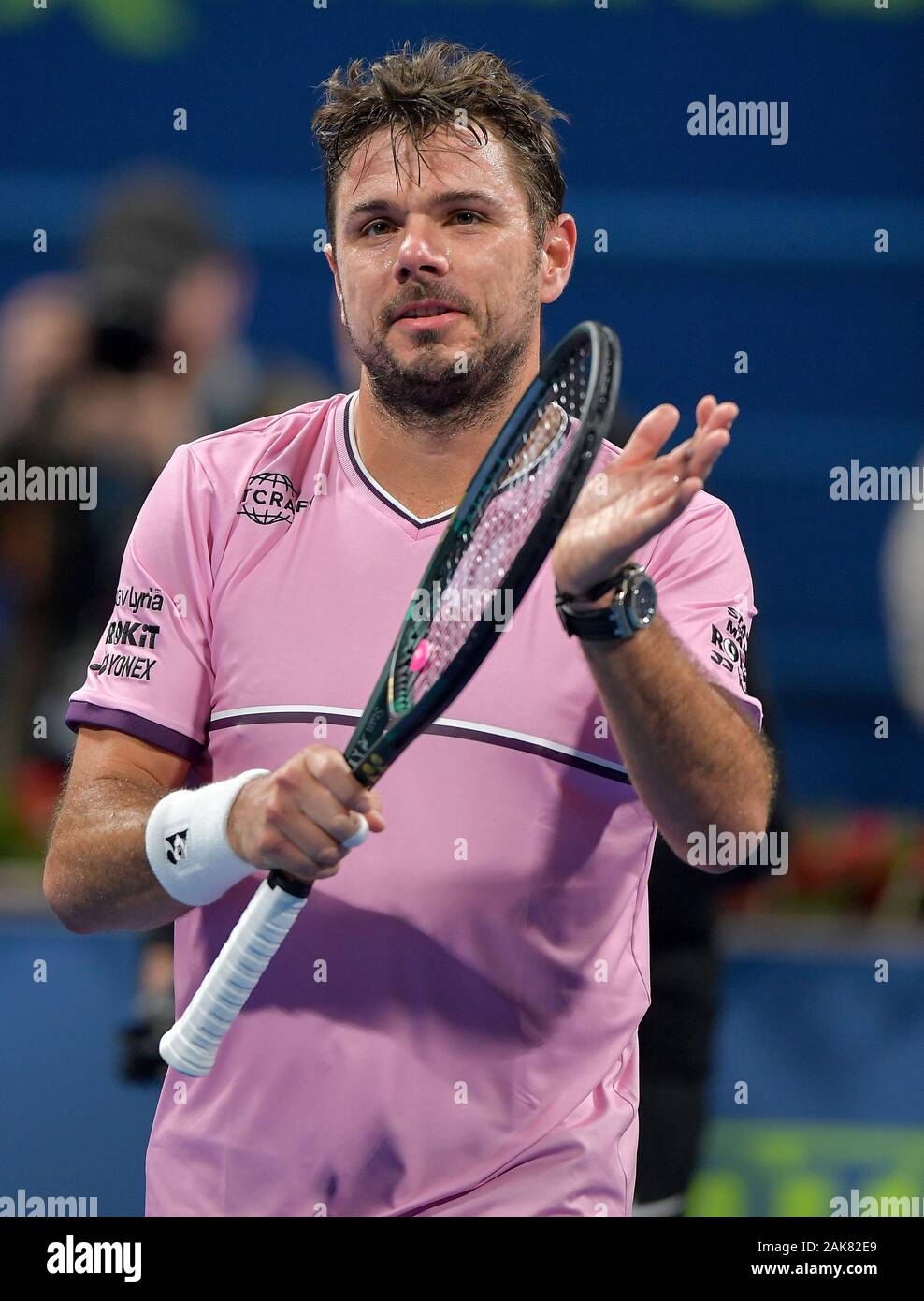 Doha, Qatar. 7th Jan, 2020. Stan Wawrinka of Switzerland celebrates after  the second round match against Jeremy Chardy of France at the ATP Qatar Open  tennis tournament at the Khalifa International Tennis