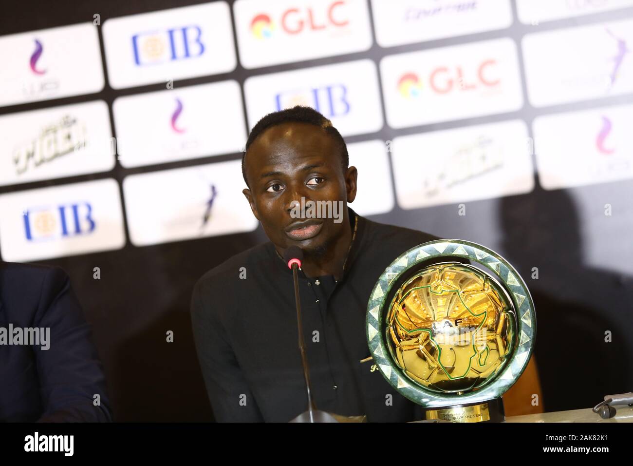 Hurghada, Egypt. 7th Jan, 2020. Senegalese football player Sadio Mane speaks after receiving the Player of the Year award during the 28th Confederation of African Football (CAF) Awards in Hurghada, Egypt, on Jan. 7, 2020. Senegalese Liverpool star Sadio Mane was crowned on Tuesday as African Player of the Year at the CAF Awards 2019. Credit: Ahmed Gomaa/Xinhua/Alamy Live News Stock Photo
