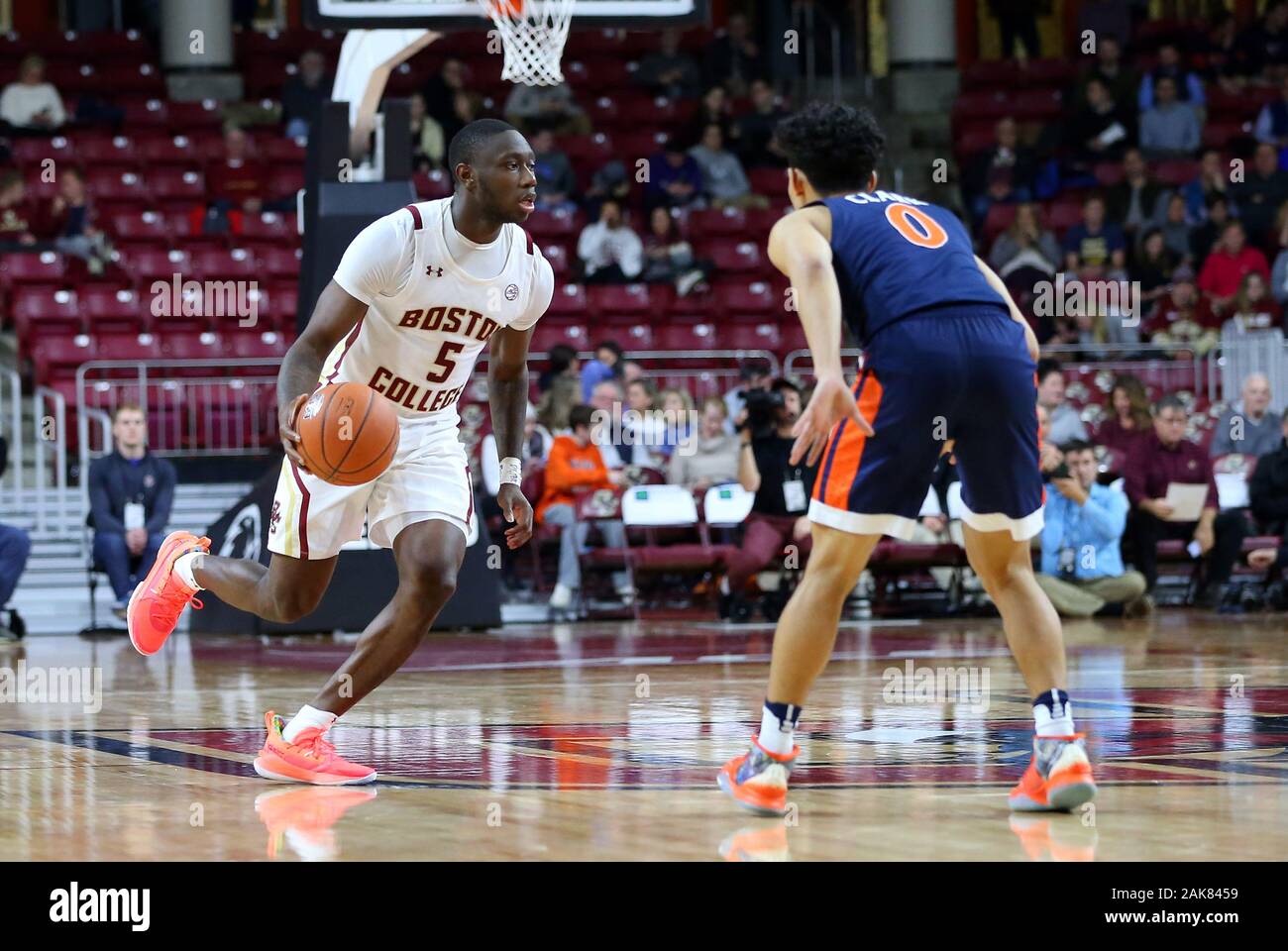 Conte Forum. 7th Jan, 2020. MA, USA; Boston College Eagles guard Jay Heath (5) and Virginia Cavaliers guard Kihei Clark (0) in action during the NCAA basketball game between Virginia Cavaliers and Boston College Eagles at Conte Forum. Anthony Nesmith/CSM/Alamy Live News Stock Photo